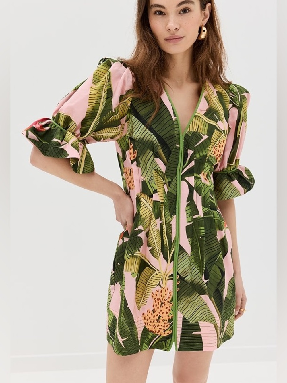 FARM Rio Pink Tropical Banana Leaf Mini Dress Puff Sleeve V-Neck Size Medium - Picture 2 of 10